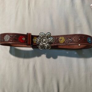 Floral Embellished Brown Leather Belt